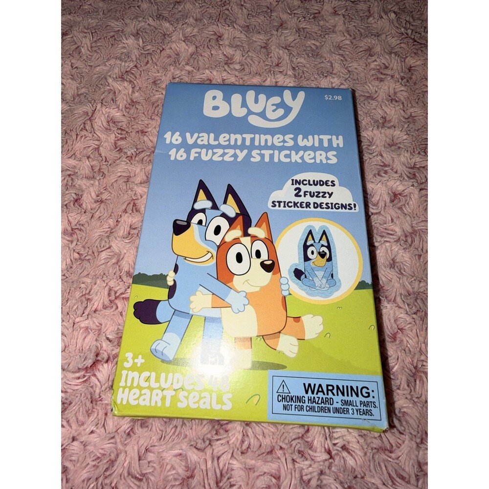 Bluey Dog Valentines Day Classroom Cards 16 Count Fuzzy Stickers Kids